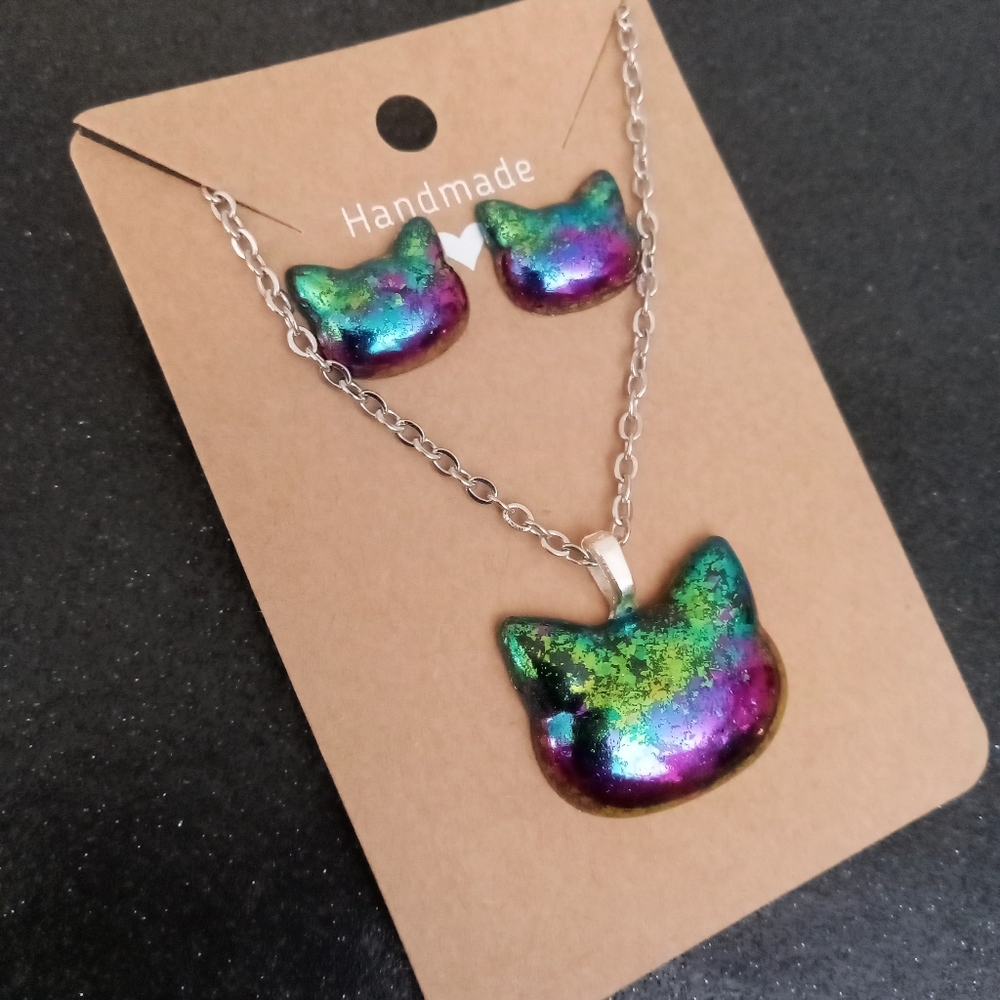 Rainbow color shift cat stud earrings and necklace jewelry set new handmade New